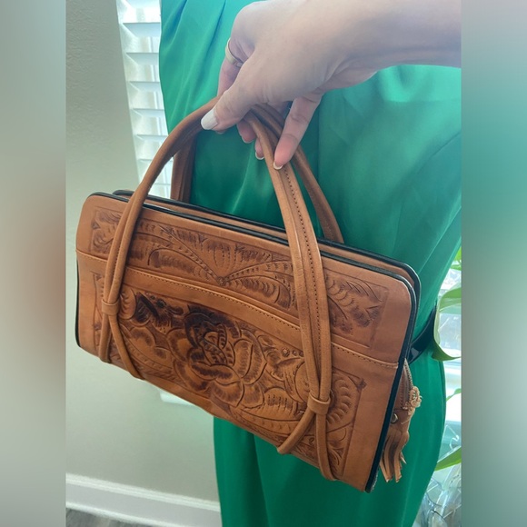 Vintage Gailan Leather Satchel Floral Engraving Made in Mexico Handbag Purse - Picture 6 of 14